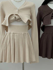 Spring Women Solid Color Vintage Knitted 2 Pieces Outfit V-neck Simple Single Breasted Blouses+A-line Short Pleated Skirts