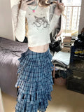 HOUZHOU Y2K Vintage Plaid Long Skirt Women Japanese Kawaii High Waist Patchwork Tierred Ruffle Skirt Korean Streetwear Autumn