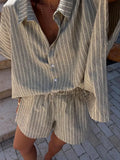 Pbong  Casual Striped Lace Up Shorts Suits  Women Lapel Half Sleeve Single Breasted Blouse Wide Leg Shorts Summer Autumn Lady New