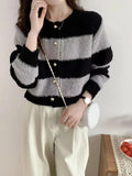 Women's Acrylic Long Sleeve O-Neck Button-Down Striped Cropped Knit Cardigan Ladies Autumn Winter Korean Fashion Knitwear