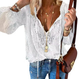 Women's Retro Ethnic V-Neck Lace Chiffon Shirt Casual Loose Office Top Spring Fashion Ladies Tops