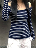 Off Shoulder Striped Crop T Shirts Women Vintage Harajuku Fashion Long Sleeve Tess Female Casual Japanese Y2k Style Top