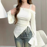 Sexy Off The Shoulder Design Korean All Match Tops Y2k Aesthetic Lrregular Side Split Drawstring Clothes Sweet Flare Sleeve Tee