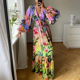Summer New Women's Gradient Color Print Dress V-neck Sexy Slimming Lace Hemline Long Sleeve High Waist Street Style Elegant