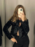 Fashion Sequin Bow Lace Up Women Jacket Chic Shiny O-neck Long Sleeve Y2k Cropped Coat Female Solid Party Outerwear