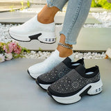 Women Wedges Sneakers Rhinestone Casual Sneakers Platform Round Toe Vulcanized Shoes Lightweight Slip on Women Shoes Plus Size