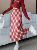 Faux Woolen Plaid Long Skirt Women Vintage Slim High Waist Back Slit Belt Skirts Korean Fall Winter Elegant Long Skirts New