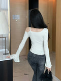 Sexy Off The Shoulder Design Korean All Match Tops Y2k Aesthetic Lrregular Side Split Drawstring Clothes Sweet Flare Sleeve Tee