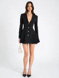 Autumn Black Blazer Mini Dress For Women Fashion V Neck Single-breasted Long Sleeve High Waist Pleated Sexy Dress