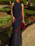 Pbong  Elegant Spliced Sheer Mesh Dress for Women O Neck Sleeveless High Waist Hit Color Slimming Evening Dresses Female