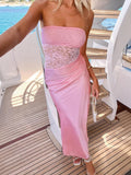 Lace Splice Strapless Dress For Women Hollow Sexy Sleeveless Backless Dress Pleated Elegant Slim Beach Vacation Dress