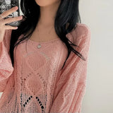 Long Sleeve Crochet Top Cable Knit Summer Beach Bikini Cover Up Crop Pullover Openwork Blouse Women Vacation Boho Outfit