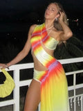 Sexy Hollow Out Backless Gradual Print Dress Women Fashion One Shoulder Sleeveless Dresses Female Vocation Beach Vestidos