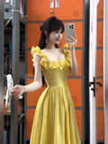 Pbong  Flying Sleeve Maxi Dresses for Women Korean New Square Collar Robe Femme Sweet Tunic Ruffles Summer Dress