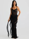 Lace Backless Sexy Maxi Dress Women Gown Halter Lace-up Sleeveless Bodycon Elegant Ruffle Beach Club Long Dress