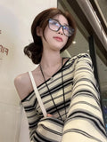 Korean Vintage Off Shoulder Striped Top Women 100% Ribbed Cotton Long sleeve T shirt Spring Autumn Basic Tees 2025 New