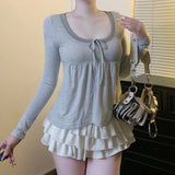 Pbong  Sweet Korean Style Loose Fit Long Sleeve T-Shirt round Neck Striped A- Line Home Wear Slimming Girl's Fashion Top