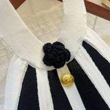 Pbong  Fashion Sexy Backless Halter Knitted Dress Women Elegant White and Black Patchwork Slim Waist Pleated Party Dress