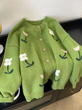 Floral Sweet Green Cardigan Women Long Sleeve Vintage Cute Knitted Sweaters Korean Retro Casual Female O Neck Fall Tops Jackets