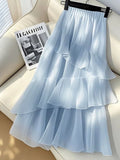 Chic Ruffles Chiffon Long Skirt Women High Waist Elegant Fashion Sweet Skirts Korean Casual Soft Female Blue Long Skirt New