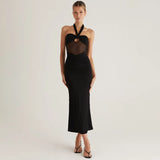 Hollow Out Halter Sexy Maxi Dress Women Gown Summer New See Through Mesh Sleeveless Backless Bodycon Club Long Dress