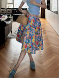 Pbong  Retro Floral Midi Skirt Women Elegant High Waist Vintage Ball Gown Skirts Summer Sweet Korean Female Prairie Chic Skirt