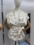 Pbong  Floral Print V Neck Wrap Tie Waist Sleeveless Waistcoat Top Tie Belt Spring Summer Commute  Lady Women Gentle  Outfit