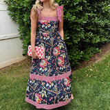 Pbong  Women Cottage Boho Maxi Dress Floral Tie Shoulder Flowy Long Dress Summer Beach Square Neck Ruffle Tiered Sundress