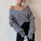 Pbong  New Autumn And Winter Fashion Solid Color Retro Cross V-neck Sweater Temperament Short Irregular Women's Knitted Top