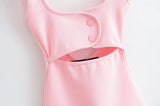 New French Fashiona Elastic Design Square Neck Short Dress Tight Backless Pink Party Dress Hollow Fashion Summer Dress