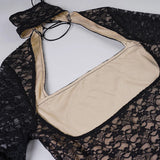 Pbong  Elegant Fashion Sexy Lace A-Line Dress See Through Dark Bandage Backless Square Collar Long Sleeve Mini Dresses For Women