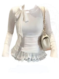Knit Bow Tied Basic Top Women Patchwork Lace Ruffles Slim fit Long sleeve T-shirt Solid color Plain Tees Shirt Ladies Korean