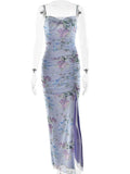 Blue Floral Print Mesh Maxi Dress For Women Gown Zipper Spaghetti Strap Sleeveless Backless Split Club Party Long Dress
