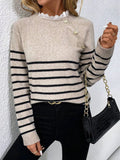 Autumn and winter women's fashionable lace round neck striped long sleeved knitted sweater