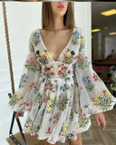 Pbong  Elegant Lace Embroidery Design Lantern Sleeve Fairy Dress Birthday Party Gown Sweet Princess Style High Waist A-Line Skirt