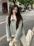 Faux Suede Lamb Jackets Women Winter Warm Thick Sweet Cute Short Coat Korean Vintage Loose Long Sleeve Preppy Style Tops