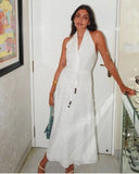 Hollow Out Embroidery Long Dress 2025 New Summer Sleeveless Halter Neck Vacation Beach Women Dress Fashion Backless White Dress