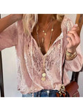Women's Retro Ethnic V-Neck Lace Chiffon Shirt Casual Loose Office Top Spring Fashion Ladies Tops