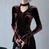 Pbong  Elegant Vintage Coffee Long Sleeve Velvet Shirt Women's Waist-Cinching Slimming Pleated Top Commute Style Autumn Winter New A...