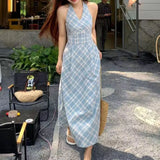 Pbong  Women's Light Blue Checkered Halter Neck Sleeveless Maxi Dress A-line Flowy Casual Summer Beach Long Dress