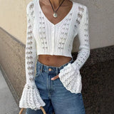 2025 New Knit Flare Sleeve V-neck Hollow Out Short Coat Fashion Casual Button Transparent Summer Cardigan Top Cover-up Jacket