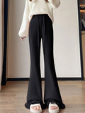 Ruffles Knitted Flare Pant Women High Waist Fashion Loose Fall Winter Trousers Korean Chic Elegant Lady Sweet Solid Pants