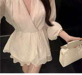 Pbong  Ruffled Long-sleeved Diamond White Dress Design Short Skirt V-neck Women's New Summer Retro