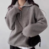 Quarter Zip Sweater Pullover Women Chunky Knit Polo Collar Oversize Jumper Sweater Jacket Teen-girl Autumn Winter Casual Outfit