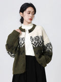 Women O Neck Retro Print Cardigan Sweaters Casual Lazy Wind Long Sleeve Knitted Short Coat Fall Winter Vintage Harajuku Lady Top