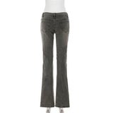 Pbong  Street Fashion Do Old Slimming Micro Flared Jeans Vintage Low Rise Folds Grey Pockets Full Length Trousers Fashion Denim Pants