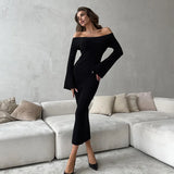 Knitted Slash Neck Long Sleeve Slim Long Dress For Women Autumn New Fashion Solid Flare Sleeve Casual Tight Female Dresses