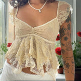 Fairy Coquette Tank Top y2k Women Sheer See Through V Neck Sleeveless Double Layered T Shirt Lace Vest Club Streetwear