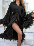 Pbong  Women Satin Robe Sleepwear Solid Color Casual Feather Trim Long Sleeve Pajama Dress Ladies Loungewear Nightwear Bathrobe