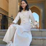 Simple Elegant Long Sleeve Women Dress Solid Color Button Fashion Spring Summer Dress Turn Down Collar A-line Casual White Dress